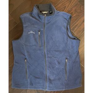 Eddie Bauer Vest Mens XL Blue Fleece Full Zip Pockets Mock Neck Black Trim Logo